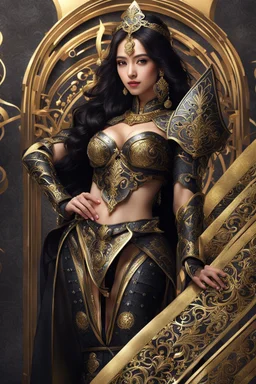 Realistic photography,front_view, (1Queen, looking at viewer), black long hair,traditional dress ornaments mechanical_armor, intricate armor, delicate golden filigree, intricate filigree, black metalic parts, detailed part, dynamic pose, abstrac background, dynamic lighting