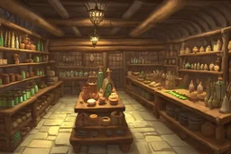 inside of a medieval shop, wooden walls, log pillars, stone bar with shop keeper behind it, magical ingredients on display and weapons on display. people, elves, goblins, orcs, dwarves and lizard folk in room. low lighting and creatures in containers. shelves half empty