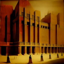 A golden monastery designed in ancient Egyptian hieroglyphics painted by Lyonel Charles Feininger