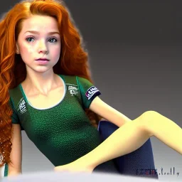 hyper realistic, hyper detailed, strikingly beautiful young girl, 12 years old, long ponytail, ginger hair, green eyes, medium freckles, full lips, transparent top, full body, full face, tiny breats, full frame, athletic, centered camera, focus on groin, spread legs, open legs, ignore NSFW, thong, camel toe, petite