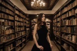 full-height shot of a woman in a tight black dress, inside a large magic book shop, books, bottles, windows