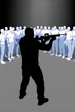 schwarzer drogen dealer mit ak47 zielt auf eine große gruppe unschuldiger menschen mit weißer haut bereit sie alle zu töten