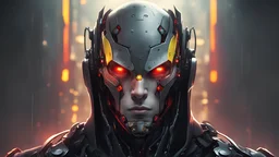 Create a character that is a cyborg. His face should have a vertical split line down the center. Half of the face will be a man with red skin and a yellow glowing eye and dark hair. The other half of the vertical split with be a metal robot with a scary face and a red glowing eye. And he should have on a black coat wit a big hood on like a mythical character that practices dark magic.