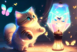 cute chibi fluffy beige bioluminescent cat playing with colorful flying butterflies dynamic movements next to a glowing tiffany lamp in a modern room