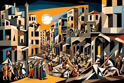 El Guernica de Gaza, edificios en ruinas, niños, mujeres y hombres muertos, arte illustriation estilo cubista, calidad ultra, hiperdetallado, 12K