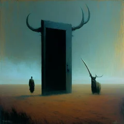 High concept art, horror movie aesthetic, by Zdzislaw Beksinski and Gabriel Pacheco, fine matte oil painting, in an empty field guarding a surreal standalone wooden doorway revealing a portal of brilliant light is a fearsome minitour holding an axe who has a television set on his head broadcasting a picture of a bull head, sinister, concept art, oddball masterpiece, sfumato, complex contrast,