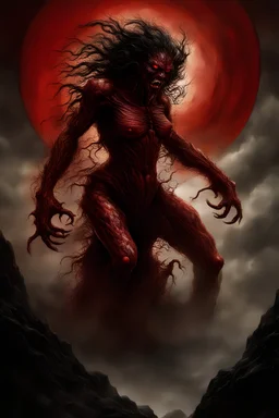 A dramatic digital painting portraying a horror monster under the Red Moon, veins pulsing, claws of temptation visible, soul in turmoil. In the style of Luis Royo and Boris Vallejo and Giger, vivid colors, swirling brushstrokes, highly detailed, 8k resolution, surrealistic., juicy emotions, painting, gloomy fantasy, gloomy day, dark world, portrait, oil and graphite, wide strokes, a weaving frame around, by Ryohei Hase, Agnes Cecile, Raymond Swanland, Anne Bachelier