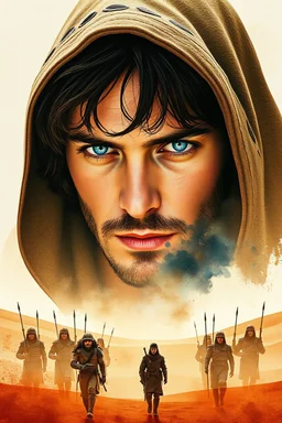 Movie 'Dune' aesthetic, double exposure movie poster featuring blue eyes mid-length dark haired Paul Atriedes in a hood leading Dune Fremen warriors, ethereal watercolor illustration, modern movie composition reminiscent of Drew Struzan, artistic digital photography, sci-fi