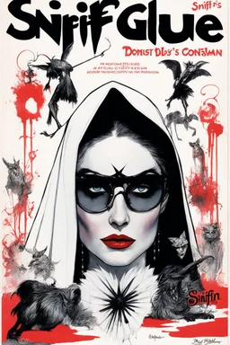 SNIFFIN’ GLUE magazine high res photo cover by Ralph Steadman: special issue #2442 on Lucifer's bride, guest star: Hagen as a demonic nun in agent provocateur [a lot of writing and table of content issues like indie magazines]