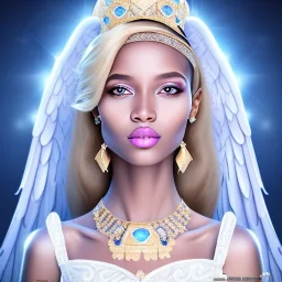 portrait of a beautiful somalian woman with an angel face smiling,long blond hair, blue eyes, pink and blue dress, jewels, soft light aura