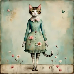 Mixed media painting of a whimsical cat in vintage spring themed clothes, full length including feet, standing, in the style of Catrin Welz-Stein, MINIMAL DESIGN, stylize 200 encaustic