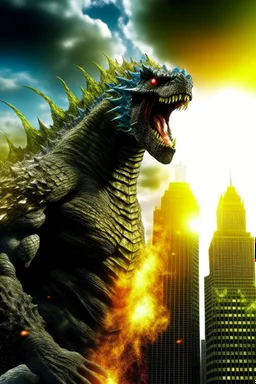 un godzilla ultra géant dans une très grandie ville comme new york avec des building très haut, qui est en colère avec l'air méchant crachant beaucoup de feu.