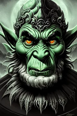 Portrait of a larger than life, mountainous goblin sorcerer, with a giant gem on his forehead, wrinkled green and grey skin, in the style of Artwork by Albert Lynch, sinking deep into bittersweet melancholia, dark angry eyes, 70s psychedelic drawings, alex grey, sense of awe, pale skin, night, dark twisted fantasy, macabre fine art