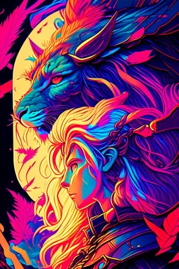 A dragon mixed with a mythical lion and a human female elf.Dramatic and powerful look and feel. Extensive attention to details. Bold lines. Vivid colors. 80s style retro anime art. Double exposure. cartoon style.