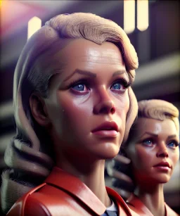 Ultra Realistic retro sci-fi movie Supermarket parking scene, 1960 year, waist up view portrait, 2 clones blonde women, sweet teenager Jane Fonda face, perfect iris, glow eyes, face makeup, tight latex coat, a lot of people, Retro sci-fi style, soft color, highly detailed, unreal engine 5, ray tracing, RTX, lumen lighting, ultra detail, volumetric lighting, 3d, finely drawn, high definition, high resolution.