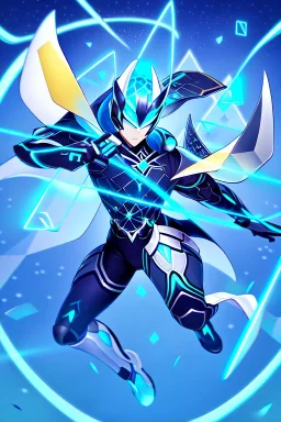 neon blue, flying parts of armor in form of triangles, cyber armor, geometric patterns on armor, male, orbiting triangle