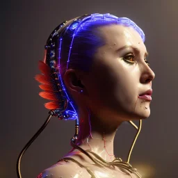 pretty british cyber woman, cold ambient, latex, cables, purpurin, black, gold, piercings, brown, decorative color feathers, circuits, neon style, a lot of led lights, fog, rain, vibrant color, highly detailed, art stations, concept art, smooth, unreal engine 5, god rays, ray tracing, RTX, lumen lighting, ultra detail, volumetric lighting, 3d, finely drawn, high definition, high resolution.