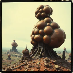 Photography polaroid close-up of a random landscape with massive odd Max Ernst incomprehensible style Surrealism, glossy, organic, creepy tumor mass growing, strong texture, fiotti di liquido nero, horror, panic, obsessive, hypnotic, chaos