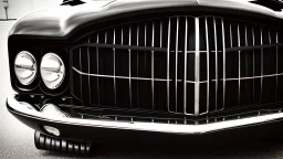 Photograph of a the front grill of a gorgeous, expensive, oldschool black muscle car with a big, black front grill, realistic, stylish, taken up close, symmetrical