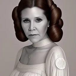 hyperspace background, complete and photo realistic detailed head to waist stunning photo realistic portrait of carrie fisher as Princess Leia in star wars with photo realistic wedding hairstyle by Mandy Jurgens and mucha and Richard Schmid and chuck close and chie yoshii, extraordinary and detailed ceremony dress of star wars,brown eyes