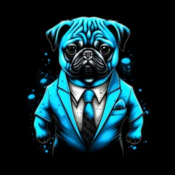 cute pug in suit in neon blue, white and gray colours melt lava circle in black background