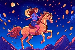 a long, brown-haired girl rides a horse dynamically across the night sky, leaping over a pile of different cookies. Shining moon, in starshine