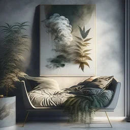 Design an artwork that showcases the pleasure and relaxation derived from indulging in hash and weed, using elements like soft textures, hazy atmospheres, and gentle curves to evoke a sense of tranquility and bliss.