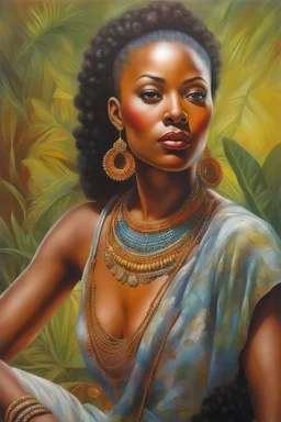 oil painting, in Noriyoshi Ohrai style, ((best quality)), ((masterpiece)), ((realistic, digital art)), (hyper detailed), Upper body Portrait painting of a African American woman, in artistic pose, vivid coloring, painted by Noriyoshi Ohrai