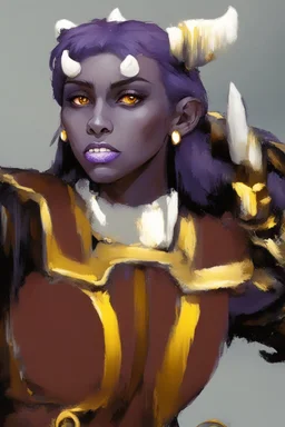 Purple-skinned female tiefling in milltary attire with glowing yellow eye holding her weapons in both of her hands