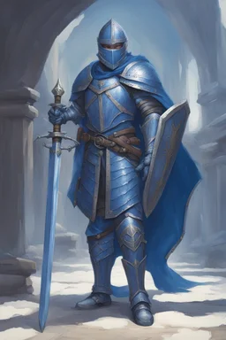 Knight wearing blue armor and blue cape with blue mask, holding a sword and shield