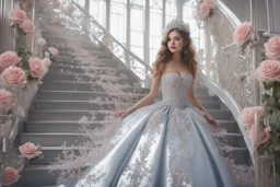 quinceanera bucket glower dresse with royal silvers adorned roses women talking through glass stairs 4k dreamy styled anime style