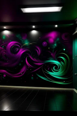 Create a handpainted geometric wall mural inspired by a cosmic explosion. Incorporate swirling patterns in shades of purple and magenta, with pops of electric green on a black background. The mural should convey a sense of vibrant chaos and interstellar energy."
