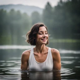 photography of a beautiful and happy woman, standing in lake water, eyes closed, meditation, white top, yoga flyer, brunette short wavy bob haircut, serenity, misty, relaxing image, white misty colors, foggy sunlight