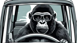 Gorilla wearing thick glasses driving a car. Illustration.