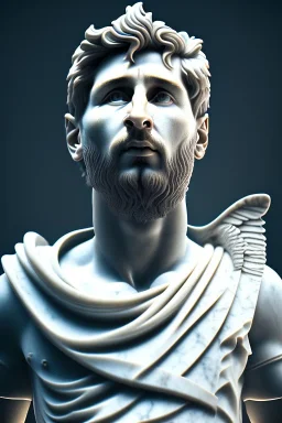 Ultra Realistic image, Roman sculpture, white marble material, Lionel Messi, sun radial crown, chisel style, waist up portrait, epic, celestial, cinematic lighting, God light, god rays, 4k resolution, smooth details, ornate details, soft lighting, unreal engine 5, marble background.