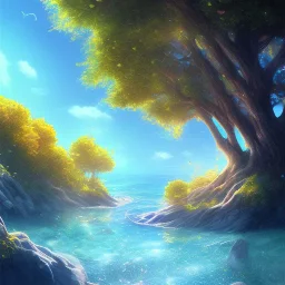 Little girl day, sunny, relaxing, sea, trees, real details anime style, realistic, glowing beach