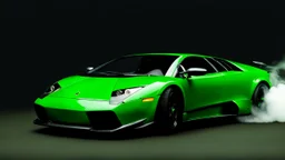 green lamborhini murcielago drifting in the smoke --chaos 80 --ar 16:9 --style raw --stylize 700