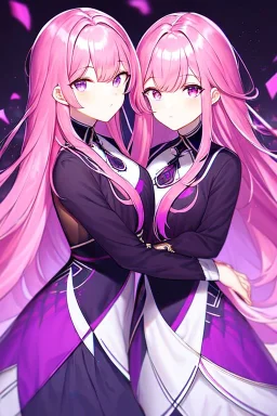 girl, masterpiece, best quality, cinematic lighting, detailed outfit, vibrant colors, perfect eyes, pink hair, long hair, vibrant purple eyes, twins, same clothes,