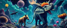 promenade portrait of a bear ant eater squid elephant horse dragon floating in 4 dimensions, goa trance movie poster, stylized art, weird endless plants