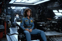 a typical scene in the main room of the Nostromo: Ellen Ripley sits in her worker outfit