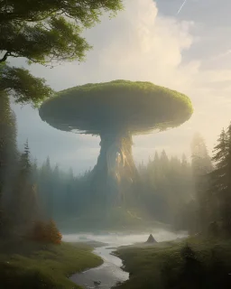 A Epic circular biomechanical fire ring portal, in middle of surreal hills, surrounded with beautiful cloud mist, huge trees with abnormal shape, oversized trees, art by Jordan Grimmer, high level of details