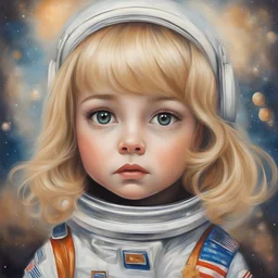 blond Little girl , astronaut,, lgolden,ong hair, , in the style of Margaret Keane