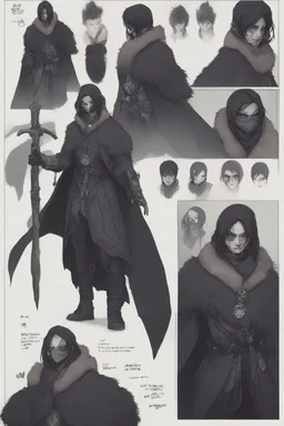 A dnd character sheet. A woman dressed for the cold north dressed in dark furs, with black hair. Death cleric wearing a mask