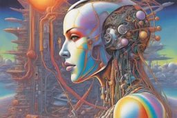 CHAOS-punk, colorful psychedelic machinery and futuristic architecture double exposure with Female android 2/3 side profile connected with electrodes, expansive surreal sci-fi dreamscape, by Alex Grey, by Gerald Scarfe, asymmetric neo surrealism, award winning 70's space rock album art, bright color spectrum elements , WELCOME TO THE MACHINE, cyberpunk.