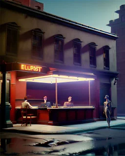 Scene, realistic image, Edward Hopper style, retro futuristic, concept art, smooth, unreal engine 5, god lights, ray tracing, RTX, lumen lighting, ultra detail, volumetric lighting, 3d.