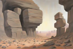 Grey sky, planet in the sky, rocks, cliffs, sci-fi, rocky arid land, 90's sci-fi movies influence, rodolphe wytsman and friedrich eckenfelder impressionism paintings