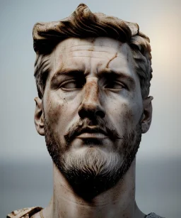 Ultra Realistic image, roman sculpture, marble deluxe material, Lionel Messi, gold radial sun god crown, miguel angel style, chisel style, emperador, waist up portrait, cinematic lighting, God light, god rays, 4k resolution, smooth details, ornate details, soft lighting, unreal engine 5, sky background.