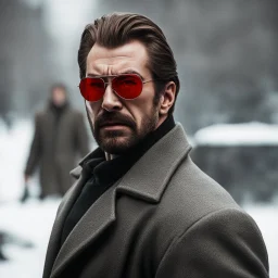 a young man with big muscles who looks like hans gruber wearing a heavy coat and red sunglasses staring with an angry look on his face