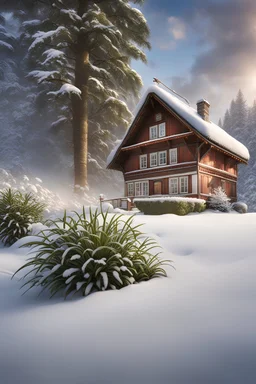 Tropical flowers in the snow, winter season with snow and fog, Santa Claus cottage in background, dynamic light and shadow, mid-angle , intricate details, very detailed scene with intricate details, realistic, natural colors, highly detailed, perfect composition, beautiful detailed intricate image , insanely detailed 32k artistic photography, photorealistic concept art, soft natural volumetric cinematic perfect light