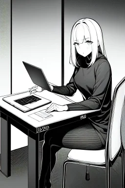 thin hacker girl use a laptop on a table sitting in a cafe, line arts, greyscale